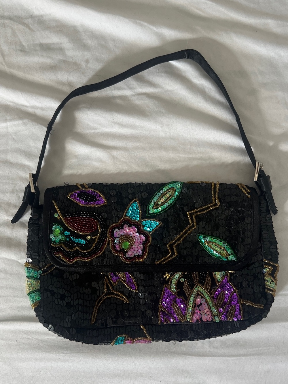 Black Sequin Beaded Floral Shoulder Bag